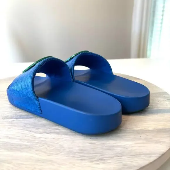 Tory Burch Lina Slide Sandals - Blue Textured with Green Logo - Size 5M US 5